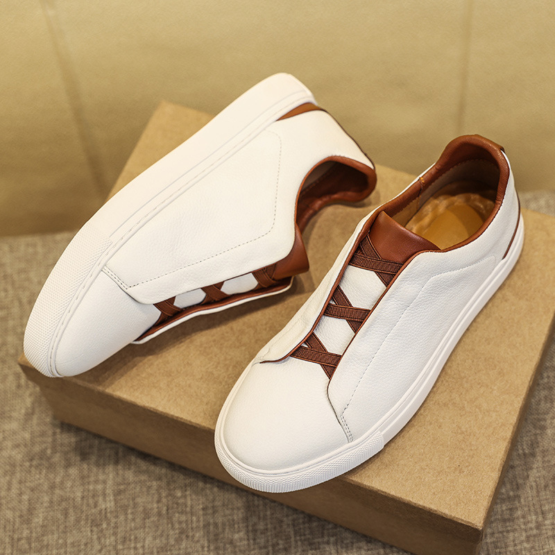 Men's Spring White Top Grain Cowhide Trendy All-Match Casual Shoes
